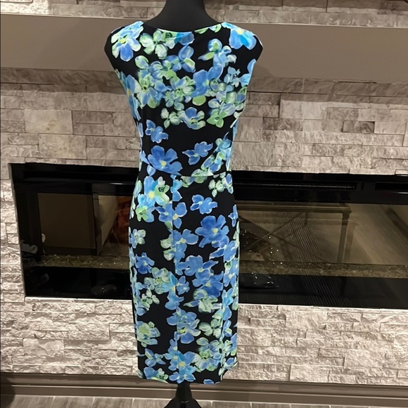 NWT Lauren Ralph Lauren Blue floral V neck slipon Midi Dress side ruching sz 10 - Picture 11 of 16